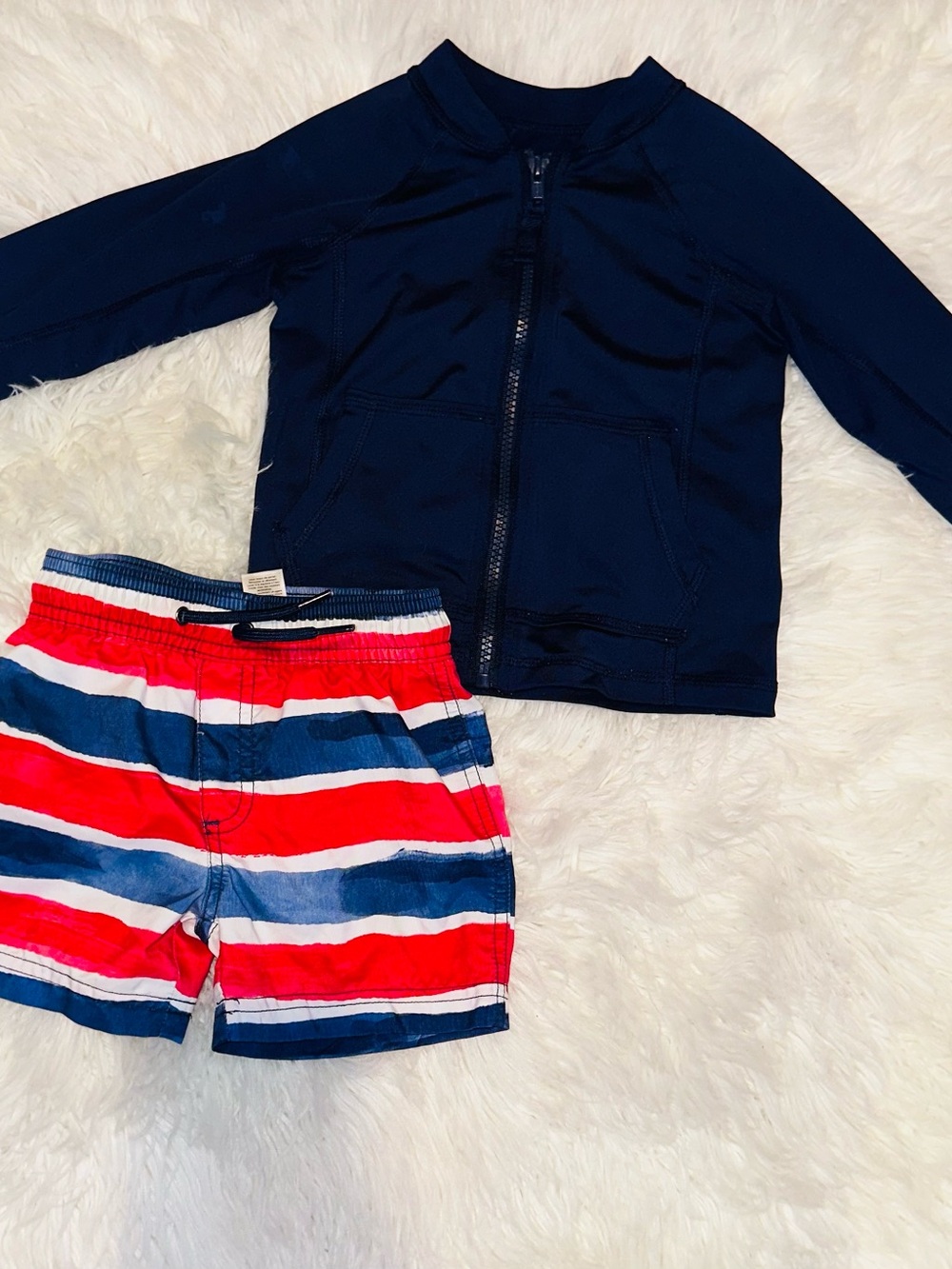 Kids Navy & Red Striped Swim Shorts and Navy blue zip up rash guard 2T EUC